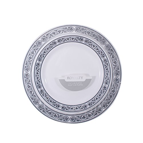 0729940016161 - ROYALTY COLLECTION, 40 PACK WHITE WITH SILVER RIM PLATE COMBO (INCLUDES 20-7.5 PLATES AND 20-10.25 PLATES) HEAVYWEIGHT PLASTIC ELEGANT DINNERWARE SET