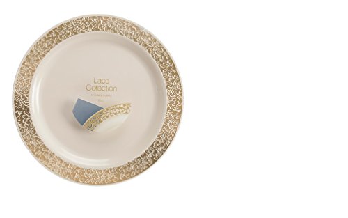 0729940018295 - LACE COLLECTION, 40 PACK PREMIUM CHINA LIKE 7.5 INCH IVORY/GOLD LIKE REAL PLASTIC PLATES (INCLUDES 4 PACKS OF 10 LACE PLATES, TOTAL 40 PLATES), WEDDING AND PARTY DINNERWARE