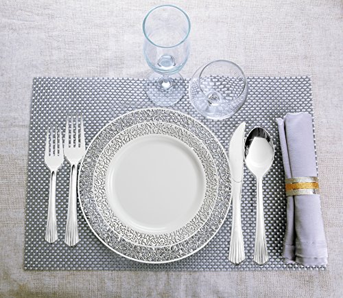 0729940018585 - LACE COLLECTION, 720 PIECES PLASTIC CHINA PLATES SILVERWARE COMBO FOR 120 PEOPLE (240 LACE COLLECTIONS WHITE PLATES, 480 UPSCALE COLLECTION SILVER LIKE CUTLERY)