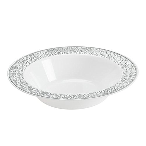 0729940018691 - LACE COLLECTION, 40 PACK PREMIUM CHINA LIKE WHITE/SILVER PLASTIC SOUP BOWLS (INCLUDES 4 PACKS OF 10 LACE PLATES, TOTAL 40 BOWLS), WEDDING AND PARTY DINNERWARE.