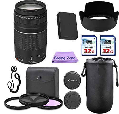 0730162616213 - CANON EF 75-300MM III CAMERA LENS. PAGINGZONE DELUXE KIT. 3PIECE FILTER SET + LENS CASE + LENS HOOD + 2 PC 32GB CLASS 10 CARD + FOR EOS 6D 70D 5D MK II III, T3, T3I, T4I, T5 T5I SL1.