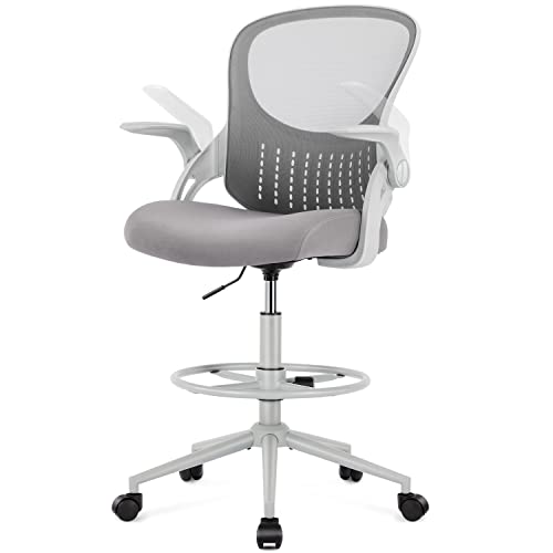 0730177258811 - SWEETCRISPY TALL COUNTER HEIGHT ADJUSTABLE OFFICE STANDING DESK, MID-BACK MESH DRAFTING CHAIR WITH FLIP-UP ARMS, FOOT-RING, WHEELS, GREY