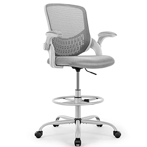 0730177259627 - DRAFTING CHAIR, STANDING DESK CHAIR, TALL OFFICE CHAIR, COUNTER HEIGHT OFFICE CHAIRS, ERGONOMIC COMPUTER ROLLING CHAIR, HEIGHT ADJUSTABLE MESH OFFICE CHAIR WITH FLIP-UP ARMRESTS AND FOOT RING, GREY