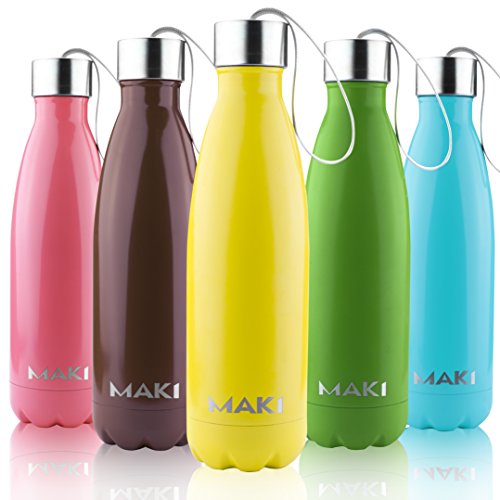 0730185106135 - MAKI VACUUM INSULATED STAINLESS STEEL WATER BOTTLE - 36 HOURS COLD! CARRY STRAP CAP - 17 OUNCE (LEMON YELLOW, 17OZ)