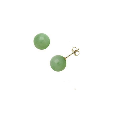 0730382149430 - 14K YELLOW GOLD 8MM NATURAL NEPHRITE GREEN JADE ROUND STUD POST EARRINGS ASSEMBLED IN THE U.S.A