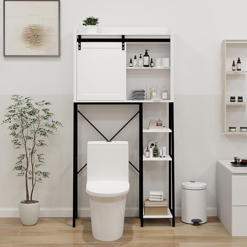 0730628519386 - OVER THE TOILET STORAGE WITH CABINET, SLIDING BARN DOOR, SIDE STORAGE OPEN RACK, MASS-STORAGE OVER TOILET BATHROOM ORGANIZER FOR BATHROOM, RESTROOM, LAUNDRY, WHITE
