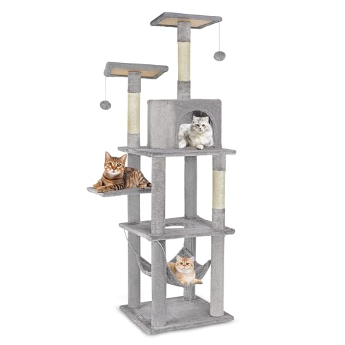 0730628983637 - WANTTII 61.4 INCHES LARGE CAT TREE WITH TOYS, UPGRADED VERSION CAT TREE TOWER WITH CONDO, HAMMOCK AND 2 PERCHES FOR INDOOR LARGE CATS (LIGHT GRAY)