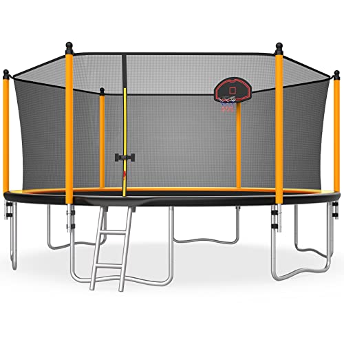 0730635576853 - LYROMIX 15FT TRAMPOLINE, LARGE RECREATIONAL TRAMPOLINE WITH ENCLOSURE NET, OUTDOOR TRAMPOLINE WITH BASKETBALL HOOP AND LADDER, BACKYARD JUMPING TRAMPOLINE, CAPACITY FOR 6-9 KIDS AND ADULTS, ORANGE