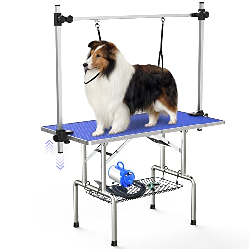 0730635579250 - UNOVIVY DOG/PET GROOMING TABLE FOLDABLE HEIGHT ADJUSTABLE - 36-INCH PORTABLE DOG GROOMING TABLE WITH ARM NOOSE & MESH TRAY, MAXIMUM CAPACITY UP TO 300LBS (DARK BLUE)