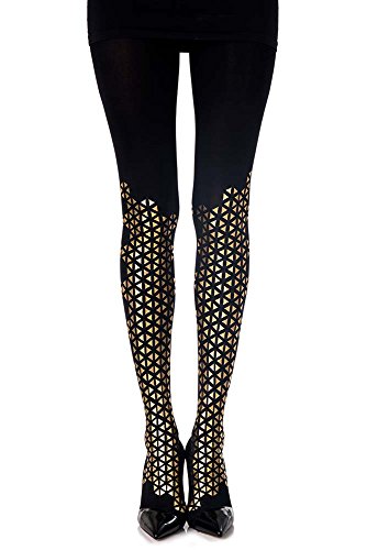 7307523005110 - BEAT GOES TRIANGLES PATTERNED TIGHTS IN BLACK & GOLD ONE-SIZE OPAQUE BY ZOHARA