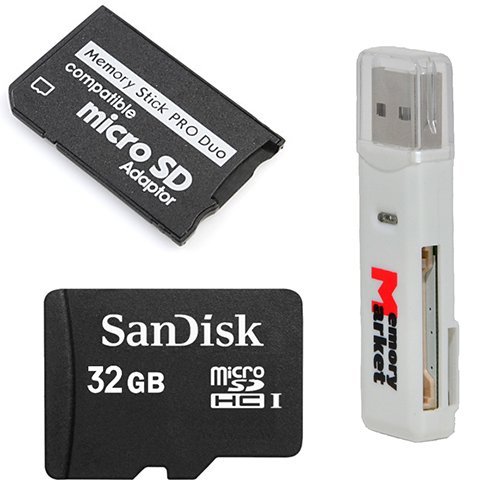 0730792836241 - SANDISK 32GB UHS-1 MICROSD MICROSDHC CARD WITH MICROSDHC TO MEMORY STICK MS PRO DUO ADAPTER FOR SONY PSP AND CYBERSHOT CAMERAS WITH MEMORYMARKET MICRO SDHC & SD USB DUAL SLOT MEMORY CARD READER