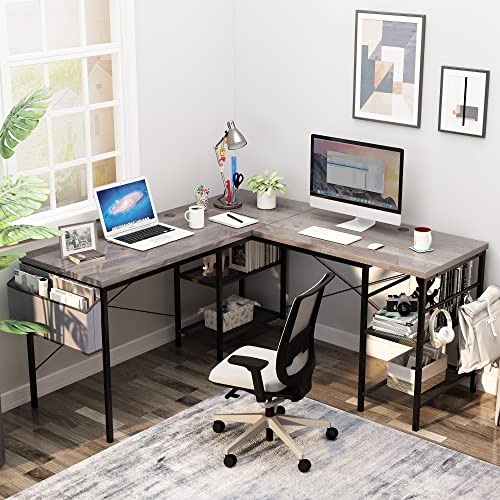0730851249838 - AWQM L SHAPED DESK WITH SHELVES 97.2 INCH REVERSIBLE CORNER COMPUTER DESK OFFICE DESK FOR HOME OFFICE LARGE GAMING WRITING STORAGE WORKSTATION, 2 CABLE HOLES, BROWN AND GREY