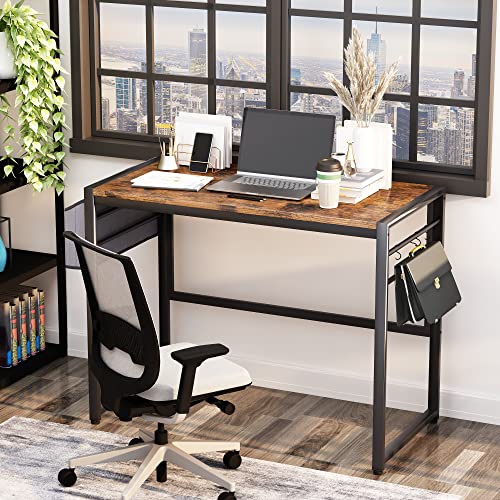 0730851249845 - AWQM COMPUTER DESK 39-INCH WRITING DESK HOME OFFICE SMALL STUDY WORKSTATION INDUSTRIAL STYLE PC LAPTOP TABLE WITH STORAGE BAG AND 4 BARS, RETRO BROWN AND BLACK