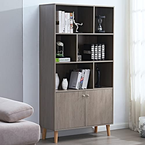 0730851613516 - AWQM BOOKCASE WITH DOORS, 3 TIER STORAGE ORGANIZER CABINET, WOODEN FLOOR DISPLAY CABINET WITH LEGS, FREE STANDING FLOOR CABINET,LIBRARY WITH DOORS, TALL BOOK SHELF FOR HOME OFFICE,OAK