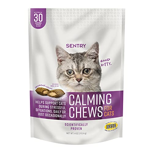 0073091040118 - SENTRY CALMING CHEWS FOR CATS, CALMING AID HELPS TO MANAGE STRESS & ANXIETY, WITH PHEROMONES THAT MAY HELP CURB DESTRUCTIVE BEHAVIOR & SEPARATION ANXIETY, CALMING HEALTH SUPPLEMENT FOR CATS, 4 OZ.
