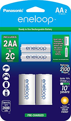 0073096902251 - PANASONIC K-KJS2MCA2BA ENELOOP AA NEW 2100 CYCLE, NI-MH PRE-CHARGED RECHARGEABLE BATTERIES, 2 PACK WITH 2 C SPACERS