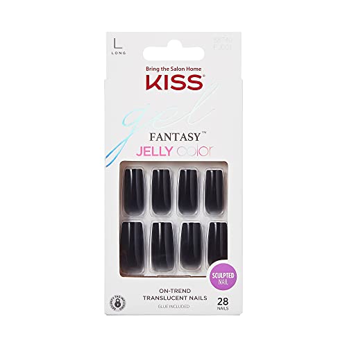 0731509887402 - KISS JELLY FANTASY FAKE NAILS - JELLY GELÉE, BLACK SCULPTED, LONG SQUARE TRANSLUCENT, READY TO WEAR, PROFESSIONAL QUALITY, MINUTES TO APPLY, EASY REMOVAL, SMUDGE PROOF, WATERPROOF | 28 COUNT