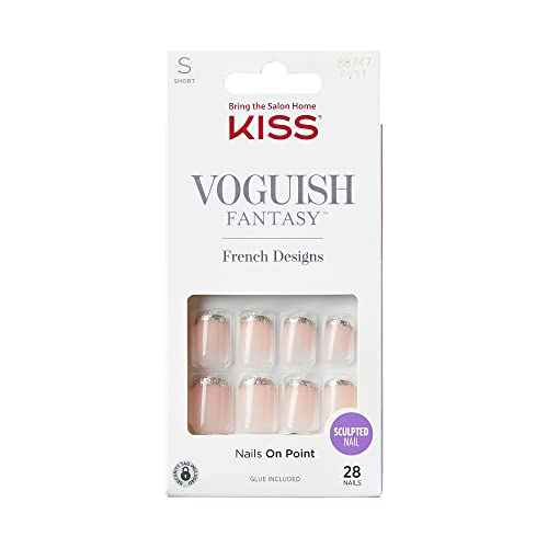 0731509887471 - KISS VOGUISH FANTASY FRENCH NAILS – BISOUS, FRENCH FASHION ACRYLIC NAILS, SHORT, SQUARE, LIGHT SILVER, READY TO WEAR, HASSLE FREE, NO DAMAGE/NO DRY TIME, WATERPROOF, SMUDGE PROOF, SHINE | 28 COUNT