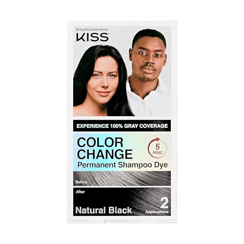 0073150991337 - KISS COLOR CHANGE PERMANENT SHAMPOO DYE, 100% GRAY COVERAGE, NATURAL PLANT & HERBAL EXTRACTS, ALL HAIR TYPES, MOUSTACHE & BEARD, 3-7 MINUTE APPLICATION, 4 PRE-MEASURED POUCHES - NATURAL BLACK