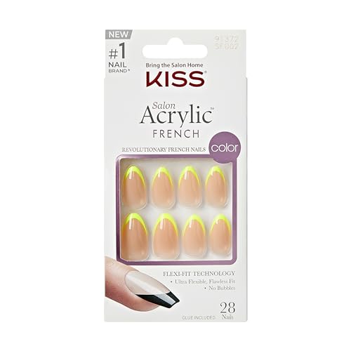 0731509913729 - KISS SALON ACRYLIC FRENCH, PRESS-ON NAILS, NAIL GLUE INCLUDED, HYPE, LIGHT NEON YELLOW, MEDIUM SIZE, ALMOND SHAPE, INCLUDES 28 NAILS, 2G GLUE, 1 MANICURE STICK, 1 MINI FILE