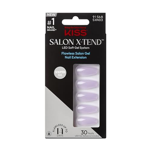 0731509915686 - KISS SALON X-TEND, PRESS-ON NAILS, NAIL GLUE INCLUDED, GIMME, LIGHT PURPLE, LONG SIZE, COFFIN SHAPE, INCLUDES 30 NAILS, 5ML LED SOFT GEL ADHESIVE, 1 MANICURE STICK, 1 NEW MINI FILE, NEW PREP PAD
