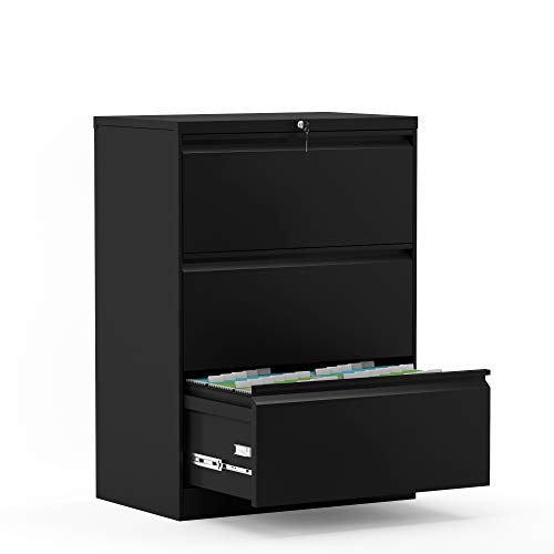 0731716967010 - MODERN LUXE FOLDING LATERAL FILE CABINET WITH LOCK METAL ORGANIZER HEAVY DUTY FOR HOME OR OFFICE, 3-DRAWER, BLACK