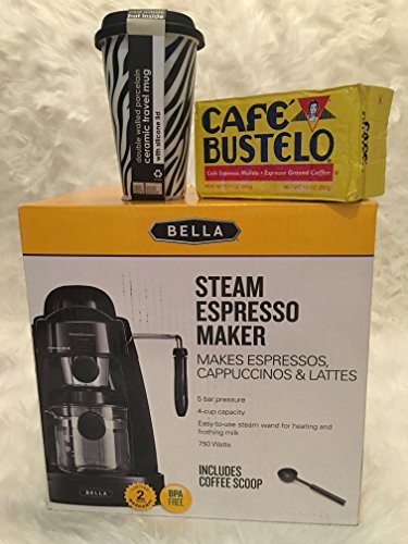 0731840367922 - BELLA STEAM ESPRESSO MAKER,10 OZ DISHWASHER AND MICROWAVE SAFE CERAMIC MUG AND CAFE BUSTELO ESPRESSO GROUND COFFEE BUNDLE