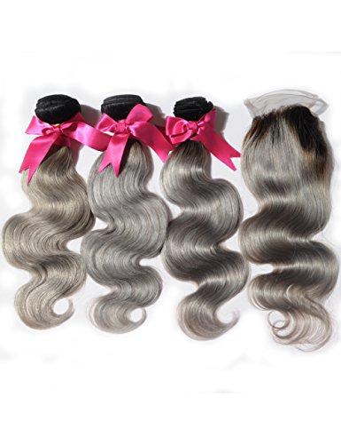 0732130838191 - LILI BEAUTY DARK ROOTS 1B/GREY OMBRE VIRGIN BODY WAVE PERUVIAN HAIR WITH CLOSURE 3 BUNDLES WITH 1 CLOSURE (16 18 20+14CLOSURE)