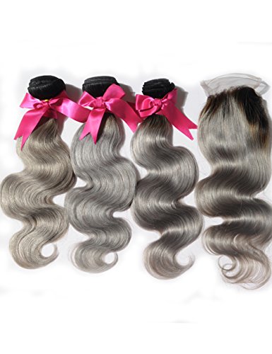 0732130839099 - LILI BEAUTY 1B/GREY VIRGIN HAIR WITH CLOSURE INDIAN OMBRE HAIR EXTENSIONS WITH CLOSURE DARK ROOTS GREY HAIR (12 14 16+10 CLOSURE)