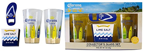 0732346312782 - CORONA EXTRA COLLECTORS SET 16OZ BEER GLASSES W/ CORONA SURF BOARD DECAL WRAPPED PINT GLASSES SET OF TWO WITH FLIP FLOP CORONA BOTTLE OPENER & LIME FLAVORED RIMMING SALT
