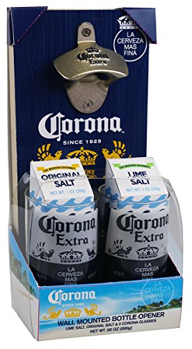 0732346403381 - CORONA EXTRA WALL MOUNTED BOTTLE OPENER MAN CAVE SET TWO 12 OZ. BEER GLASSES LIME & PLAIN COURSE SALT GIFT BOX