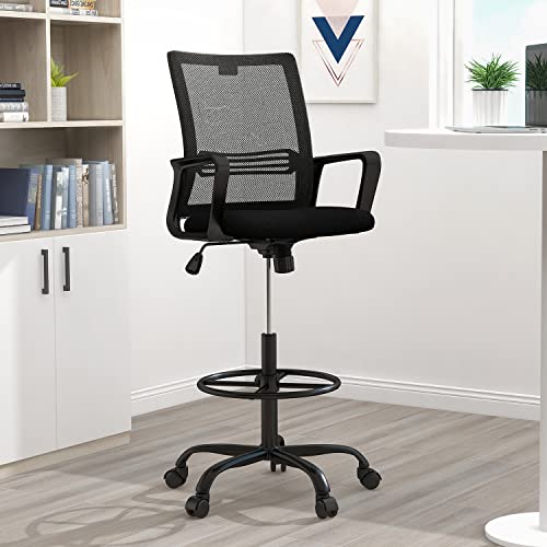 0733257268021 - DRAFTING CHAIR WITH FIXED ARMRESTS AND FOOT-RING, TALL OFFICE CHAIR FOR STANDING DESK ADJUSTABLE HEIGHT OFFICE DESK CHAIR FOR HOME OFFICE, BREATHABLE MESH SWIVEL ROLLING TALL CHAIR BLACK