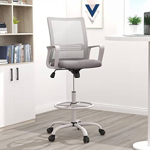 0733257268038 - DRAFTING CHAIR WITH FIXED ARMRESTS AND FOOT-RING, TALL OFFICE CHAIR FOR STANDING DESK ADJUSTABLE HEIGHT OFFICE DESK CHAIR FOR HOME OFFICE, BREATHABLE MESH SWIVEL ROLLING TALL CHAIR GREY
