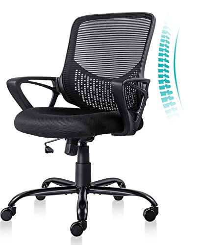 0733257268359 - DESK CHAIR ERGONOMIC OFFICE CHAIR, MID BACK MESH HOME OFFICE CHAIR WITH WHEELS, BREATHABLE SWIVEL COMPUTER CHAIR WITH LUMBAR SUPPORT & ARMRESTS, BLACK