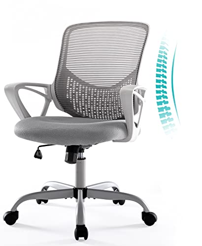 0733257268366 - DESK CHAIR ERGONOMIC OFFICE CHAIR, MID BACK MESH HOME OFFICE CHAIR WITH WHEELS, BREATHABLE SWIVEL COMPUTER CHAIR WITH LUMBAR SUPPORT & ARMRESTS, GREY