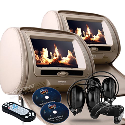 7332779989747 - NEW TAN COLOR PAIR DIGITAL LED HEADREST WITH 9 LCD CAR MONITORS WITH REGION FREE SONY DVD PLAYER USB SD INC. 2 WIRELESS DUAL CHANNEL HEADPHONES, GAMES, AND ZIPER COVERS