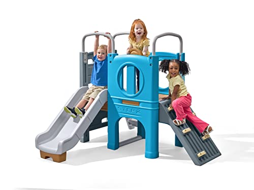 0733538420896 - STEP2 SCOUT & SLIDE CLIMBER TODDLER PLAYSET – TODDLER PLAY GYM WITH ELEVATED KIDS PLAYHOUSE, KIDS SLIDE, TWO CLIMBING WALLS, STEERING WHEEL, AND METAL BARS – DIMENSIONS 72.5 X 70 X 55.75