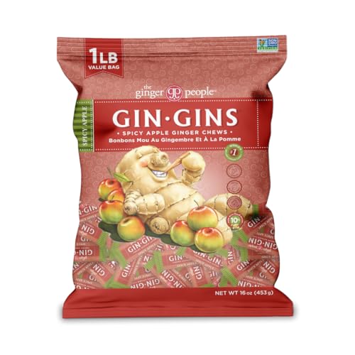 0734027532458 - GIN GINS SPICY APPLE GINGER CHEWS BY THE GINGER PEOPLE - ANTI-NAUSEA AND DIGESTION AID, INDIVIDUALLY WRAPPED HEALTHY CANDY - SPICY APPLE GINGER FLAVOR, LARGE 1 LB BAG (16OZ) - PACK OF 1