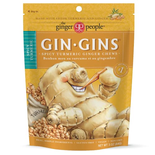 0734027905108 - GIN GINS SPICY TURMERIC GINGER CHEWS BY THE GINGER PEOPLE – ANTI-NAUSEA AND INFLAMMATION, INDIVIDUALLY WRAPPED HEALTHY CANDY – SPICY TURMERIC FLAVOR, SINGLE 3 OUNCE BAGS (3 OZ)