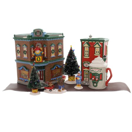 0734409088474 - DEPARTMENT 56 SNOW VILLAGE SATURDAY MORNING DOWNTOWN START A TRADITION KRINGLE'S TOY SHOP, NIKKI'S COCOA SHOP 8 PIECE SET