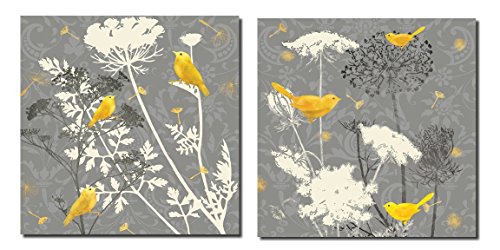 7353859877822 - GRAY MEADOW LACE I LOVELY, POPULAR GREY AND YELLOW BIRD SET; TWO 12X12 POSTER PRINTS