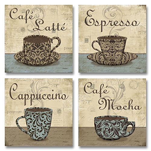 7353859892740 - LOVELY, VINTAGE ESPRESSO, CAFE LATTE, CAFE MOCHA, CAPPUCCINO COFFEE CUP SIGNS; FOUR 12 X 12 POSTER PRINTS