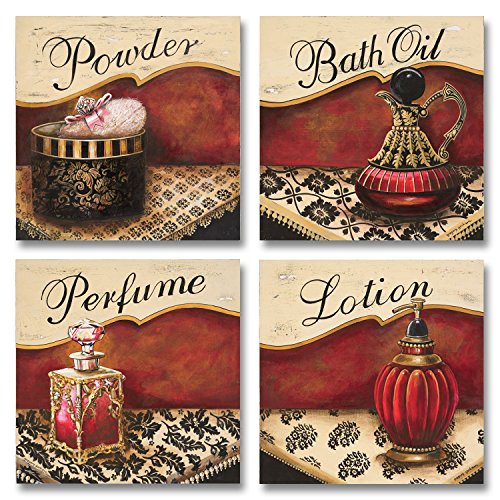 7353859897868 - 4 LOVELY VINTAGE RED AND GOLD PERFUME, BATH OIL, LOTION AND POWDER SIGNS; FOUR 12 X 12 POSTER PRINTS