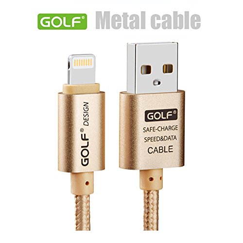 0735980504179 - GOLF METAL BRAIDED WIRE SYNC DATA CHARGER CABLE FOR IPHONE 5 5S 6 PLUS S IPAD 4 5 GOLD 6.5FT 2M