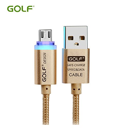 0735980504223 - GOLF CRYSTAL LED LIGHT MICRO V8 USB DATA CABLE METAL NYLON CABLE 2.1A CHARGER FOR SAMSUNG GALAXY HTC SONY XIAOMI MEIZU (GOLD)