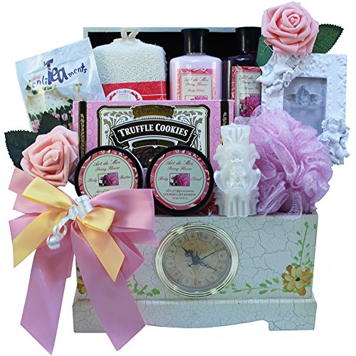 0736211801937 - ART OF APPRECIATION GIFT BASKETS VICTORIAN LACE TEA, SPA AND TREATS GIFT CHEST WITH CLOCK