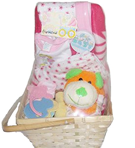 0736211803337 - BABY GIFT BASKET PINK SET W/ DOG, RATTLES, WASH CLOTHS, BABY BLANKET, AND SET OF CLOTHES