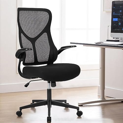 0736571243453 - HIGH BACK OFFICE CHAIR FLIP UP ARMS, ERGONOMIC MESH CHAIR ADJUSTABLE HEIGHT DESK CHAIR WITH LUMBAR SUPPORT AND WHEELS WORK CHAIR FOR HOME OFFICE, BLACK