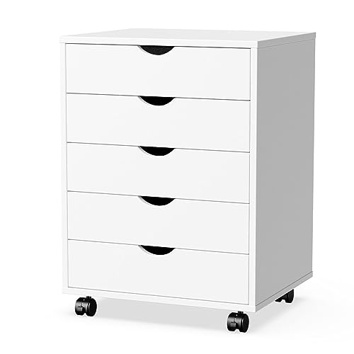 0736571244085 - OLIXIS 5 VERTICAL DRAWERS WOOD STORAGE, ROLLING HOME OFFICE PORTABLE MOBILE FILE CABINET, WHITE