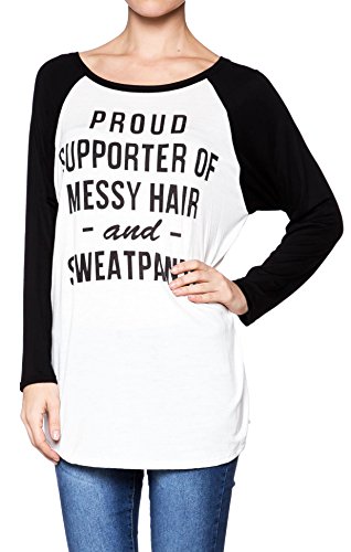 0736631105271 - GNG WOMENS LONG SLEEVES PROUD SUPPORTER OF MESSY HAIR AND SWEAT PANTS GRAPHIC TOP (SMALL, BLACK)